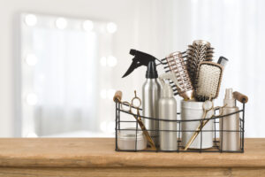 A basket of hair tools used by a hairdresser.