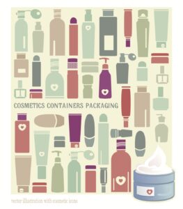 A graphic design of hair care products like shampoo.