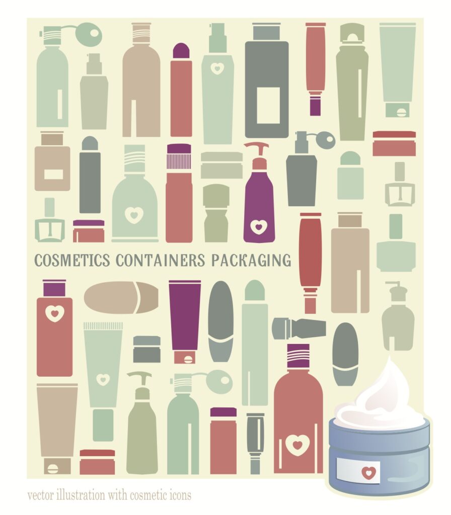 A graphic design of hair care products like shampoo.