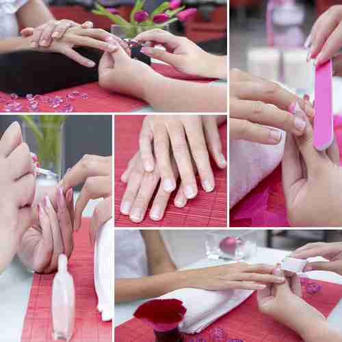 A collage of a nail tech doing a client's nails. The photos include polishing, filing, and applying nails.