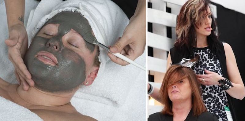 Cosmetologist vs Esthetician - esthetics treatment on left, cosmetology/hair treatment on right