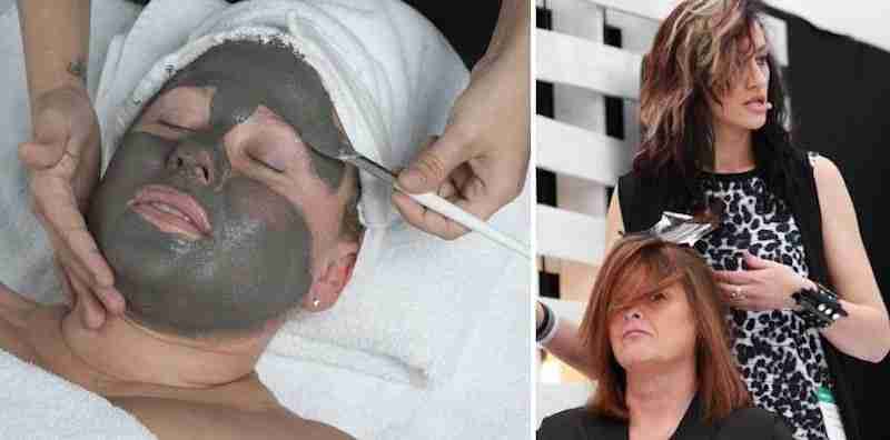 one woman getting a clay facemask and another woman getting her hair colored