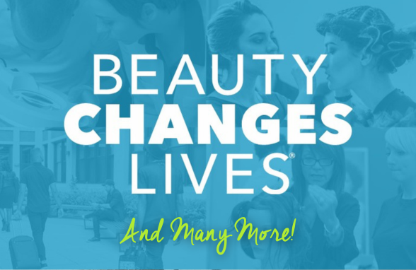 A collage of beauty students working with the phrase "beauty changes lives" over it.